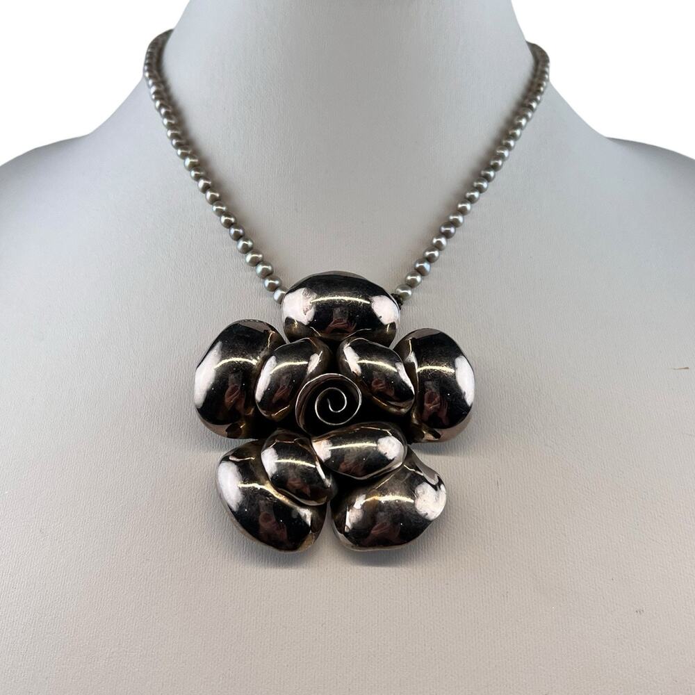 Real Pearl Gray 16-17" Sterling Silver Necklace Large 2.25" Flower Pendant